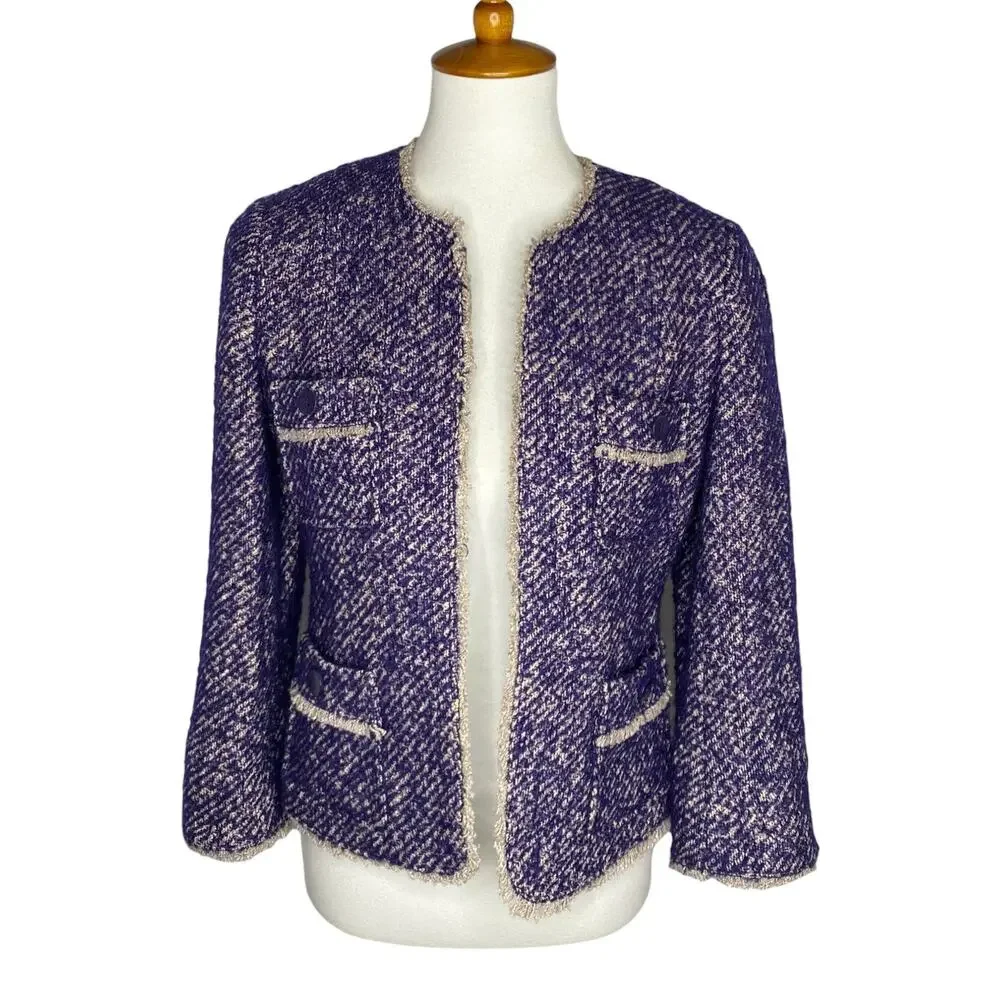Talbots Boucle Tweed Blazer Blue Fringe Trim Open Jacket Size 8P Jackie O Preppy